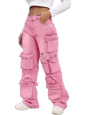 High Waist Baggy Cargo Jeans with Flap Pockets | Loose Fit Denim Streetwear